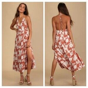 Lulus Halter Maxi Dress M Follow the Summer Floral Tropical Orange White